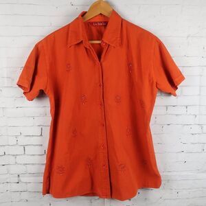 LA FILLE ORANGE SHORT SLEEVE BUTTON DOWN COTTON TOP WITH EMBROIDERED DETAIL